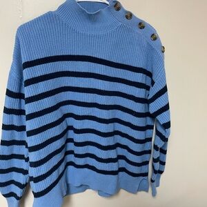 Blue & Navy Striped Turtleneck Sweater with Button Accents